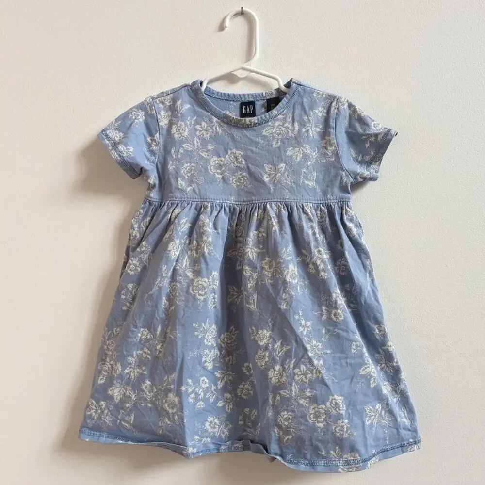 Vtg Gap Shirt Dress Girls Sz 2-3T Blue Floral Toile Staple 90s Twirly